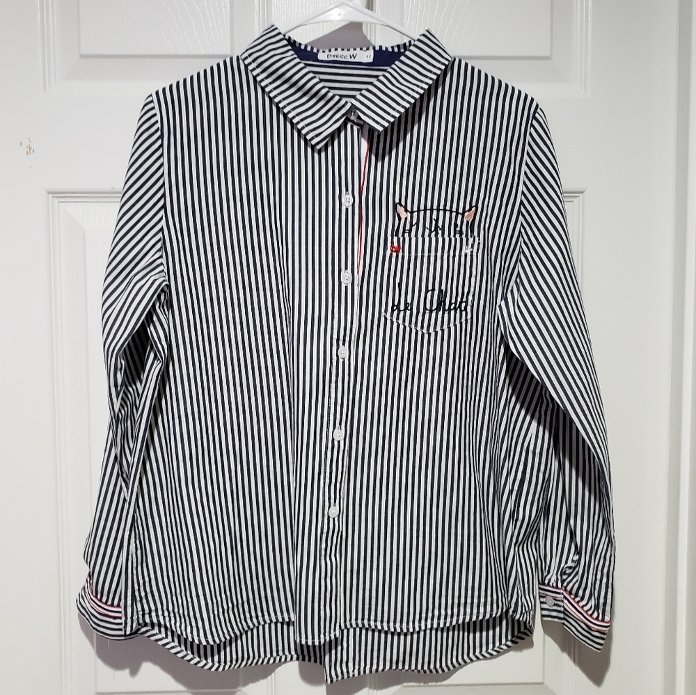 Preppy Striped Red & Navy Red Button Up Collar Shirt Cat Peek A Boo Front Pocket